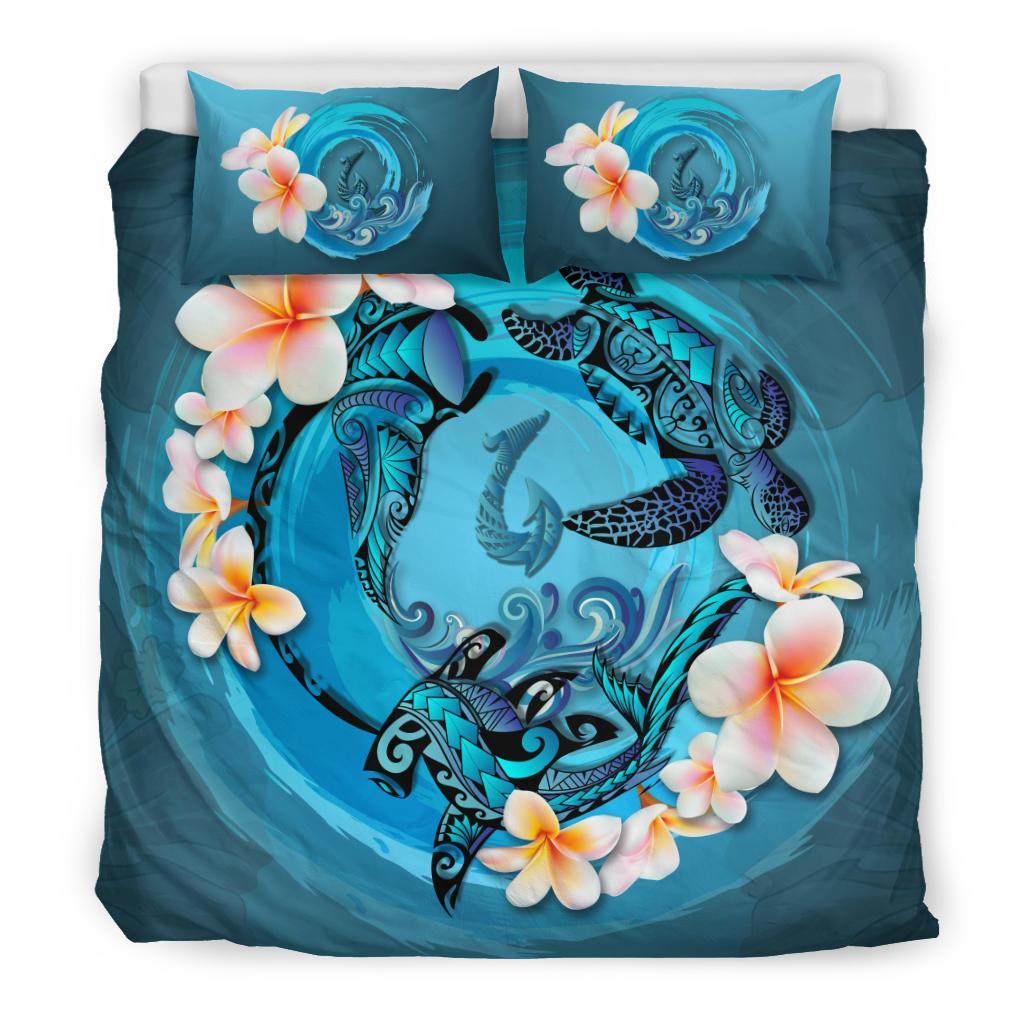 Polynesian Duvet Cover Set Polynesia Bedding Set Blue Plumeria Animal Tattoo Blue - Polynesian Pride