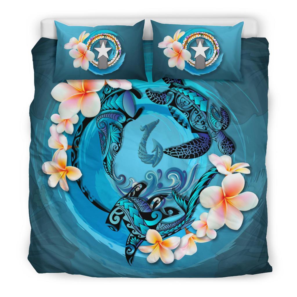 Polynesian Duvet Cover Set - Northern Mariana Islands Bedding Set Blue Plumeria Animal Tattoo Blue - Polynesian Pride