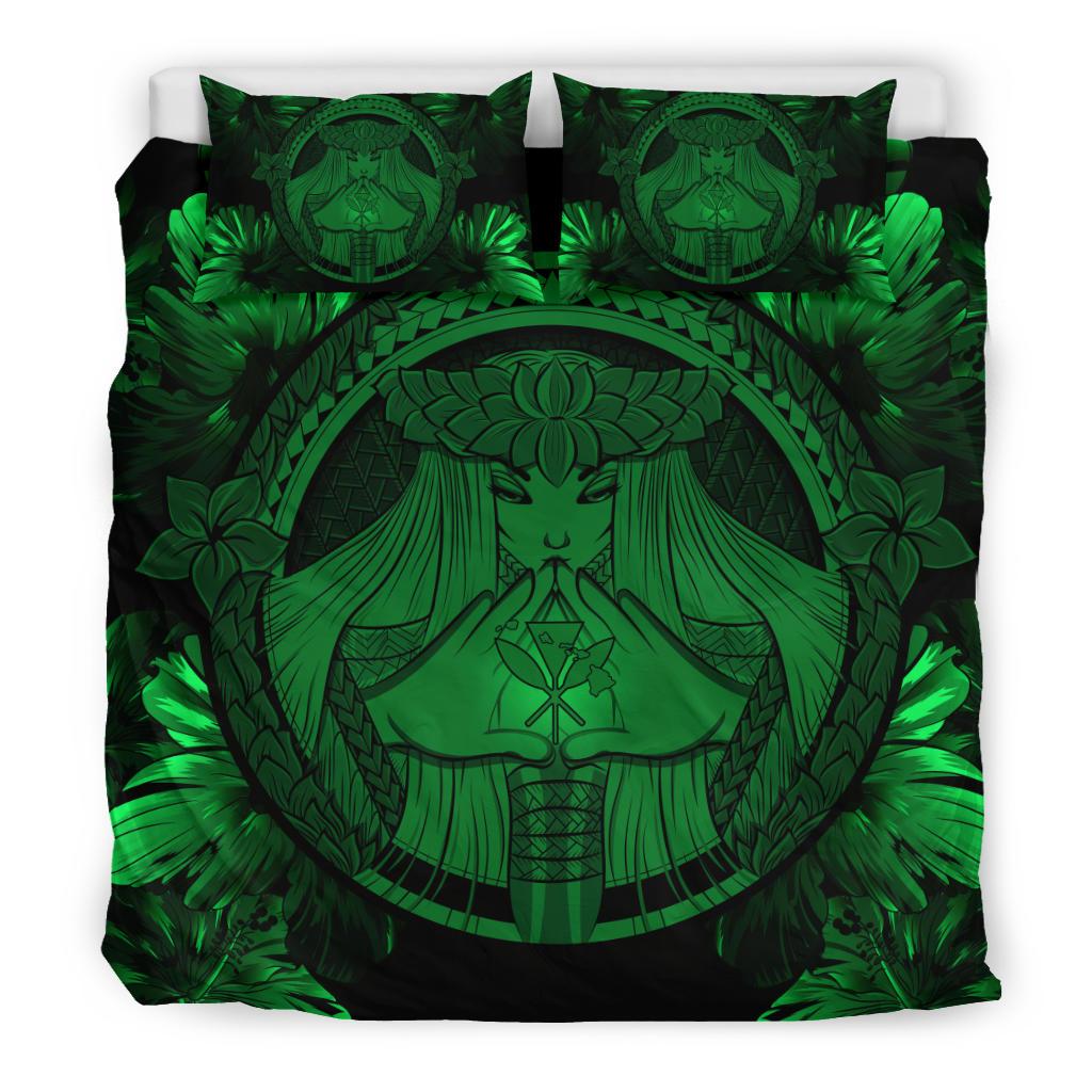 Hawaiian Map Madame Pele Kanaka Polynesian Bedding Set Green - Polynesian Pride