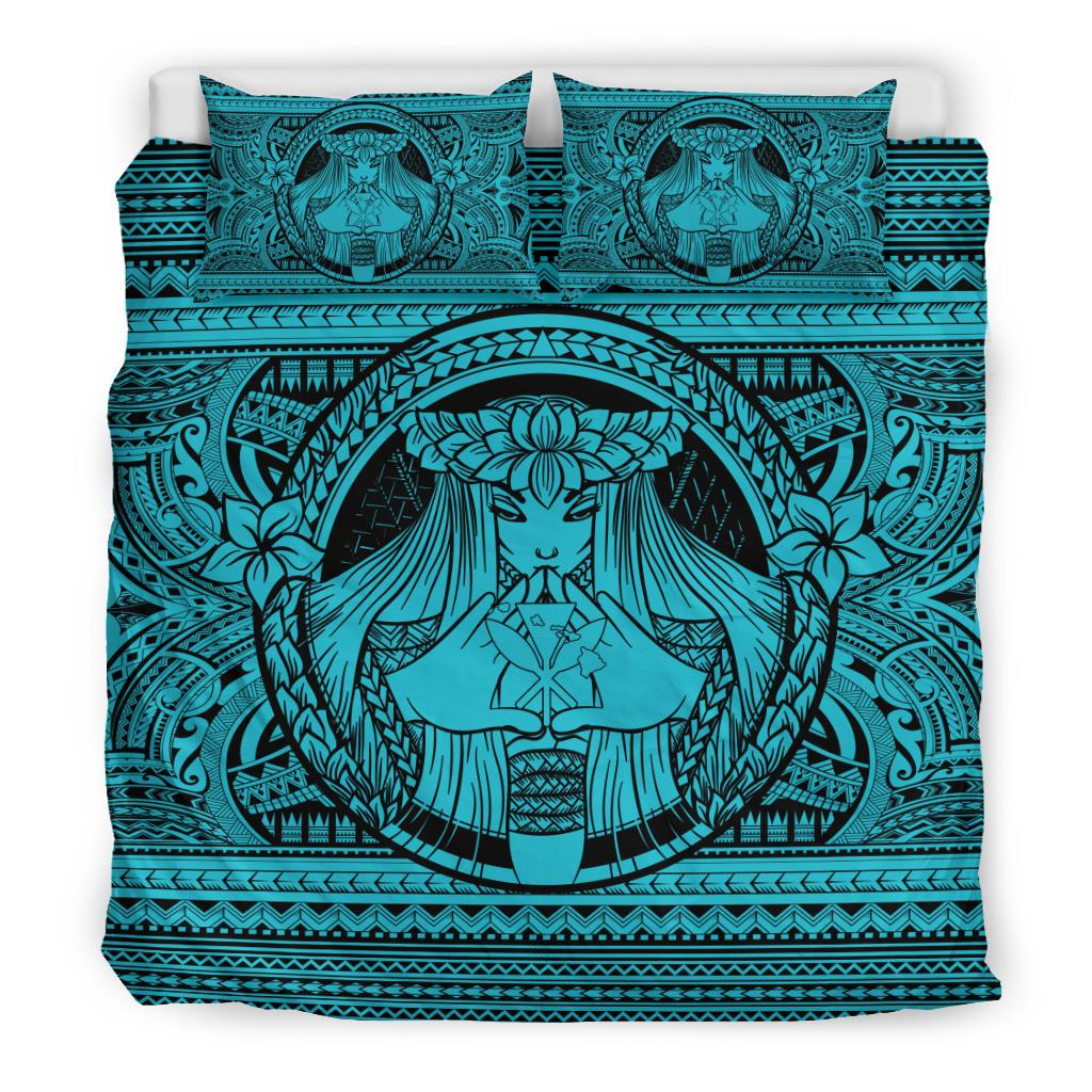 Hawaiian Map Madame Pele Kanaka Plumeria Polynesian Bedding Set Blue - Polynesian Pride