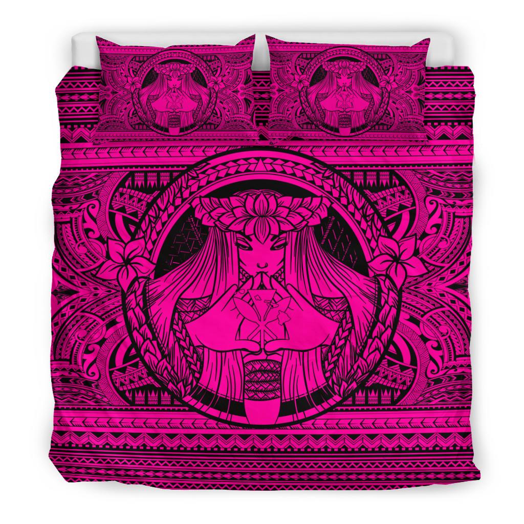 Hawaiian Map Madame Pele Kanaka Plumeria Polynesian Bedding Set Pink - Polynesian Pride