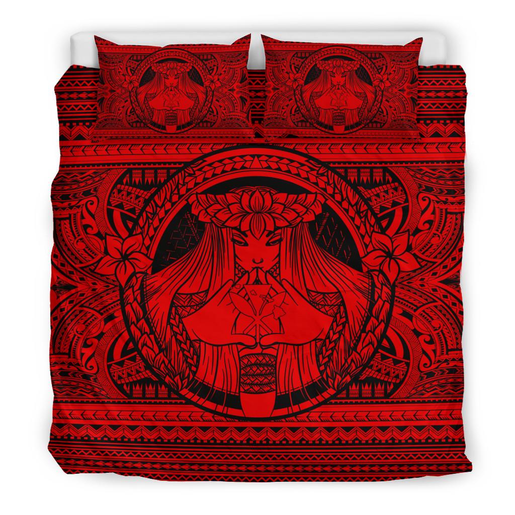 Hawaiian Map Madame Pele Kanaka Plumeria Polynesian Bedding Set Red - Polynesian Pride