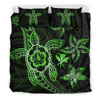 Hawaiian Map Art Turtle Kanaka Hibiscus Plumeria Green Polynesian Bedding Set - Polynesian Pride