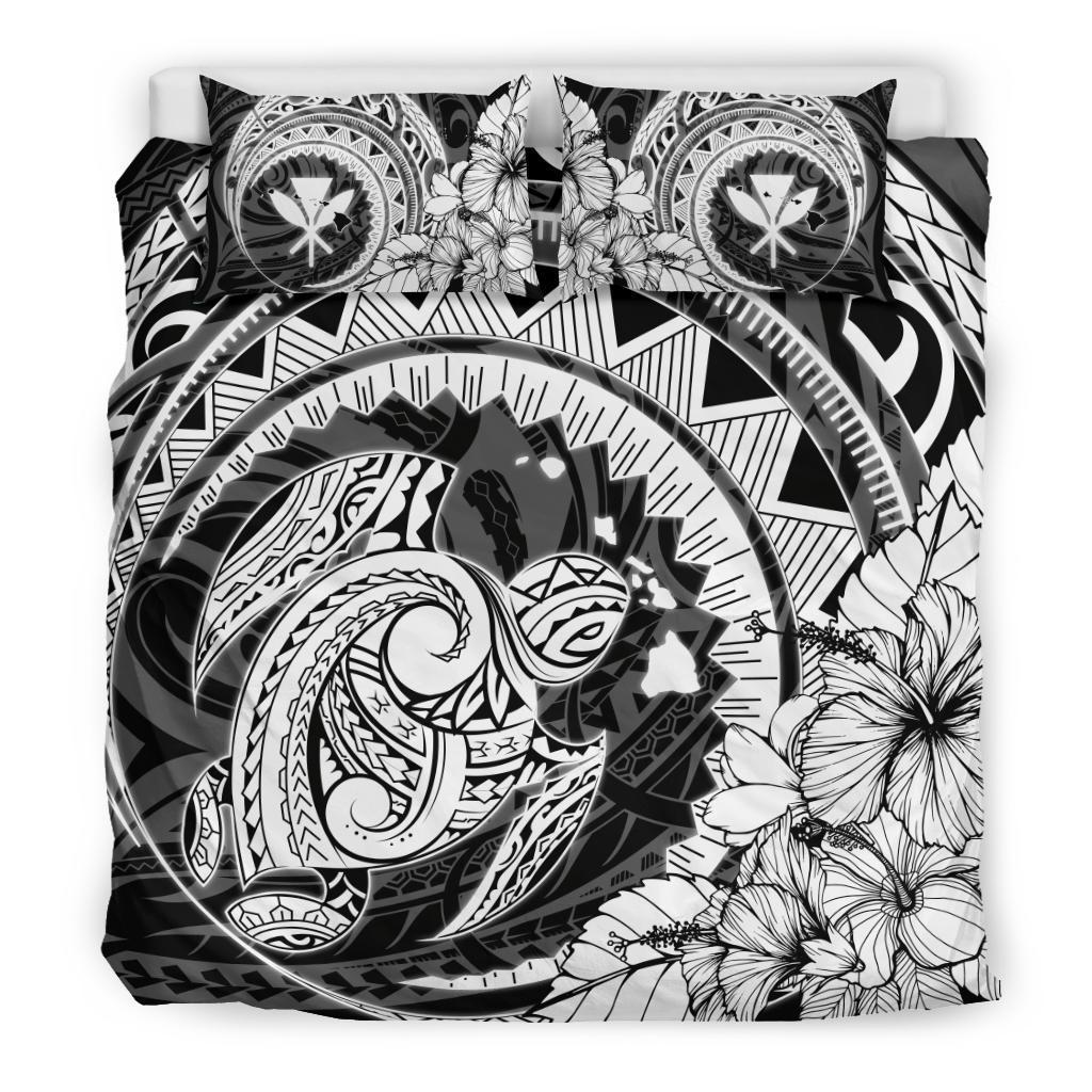 Hawaiian Map Kanaka Honu Hibiscus White Globular Polynesian Bedding Set - Polynesian Pride