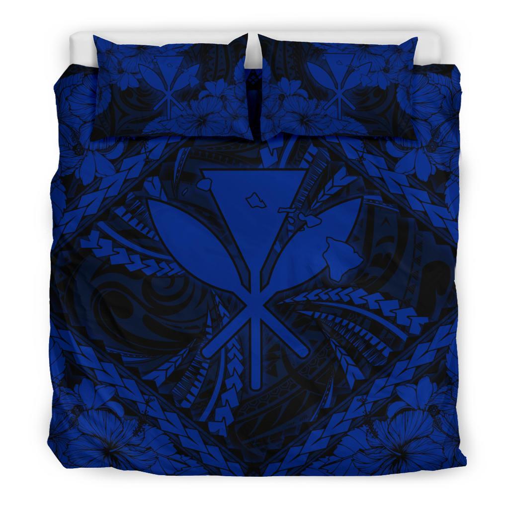 Hawaiian Map Kanaka Hibiscus Blue Polynesian Bedding Set - Polynesian Pride