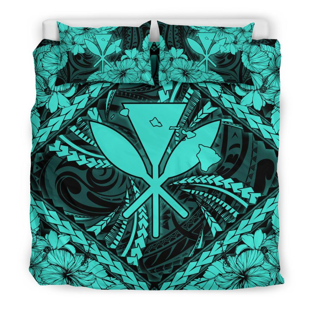 Hawaiian Map Kanaka Hibiscus Turquoise Polynesian Bedding Set - Polynesian Pride