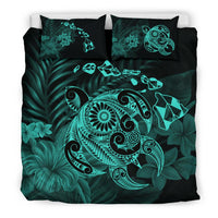 Hawaiian Map Turtle Tattoo Hibiscus Plumeria Polynesian Bedding Set - Turquoise - Polynesian Pride