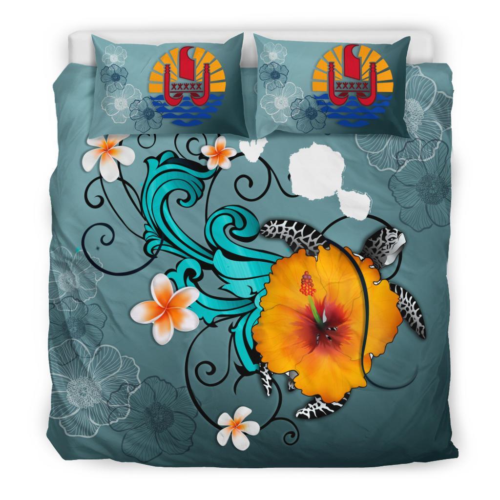 Polynesian Duvet Cover Set - Tahiti Bedding Set Map Turtle Hibiscus Blue - Polynesian Pride