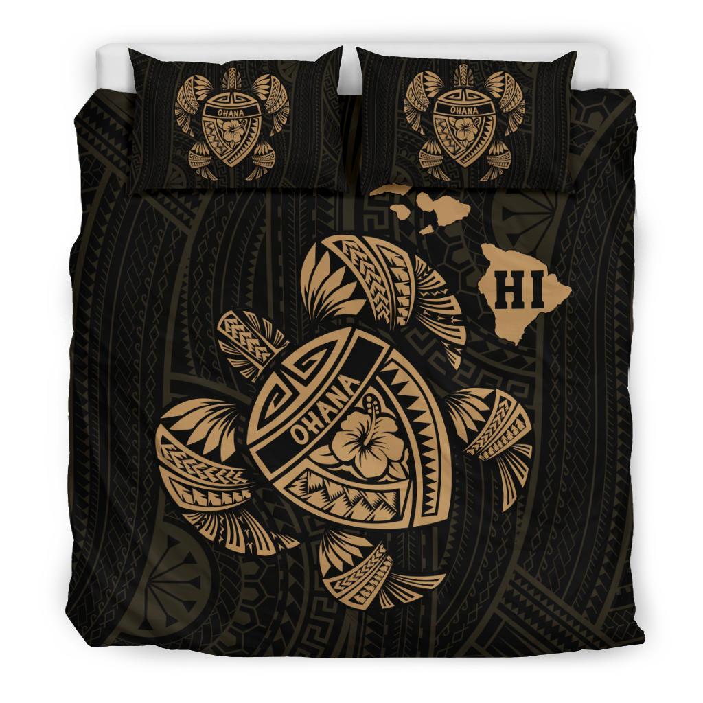 Hawaiian Map Turtle Ohana Hibicus Polynesian Bedding Set - Gold - Polynesian Pride