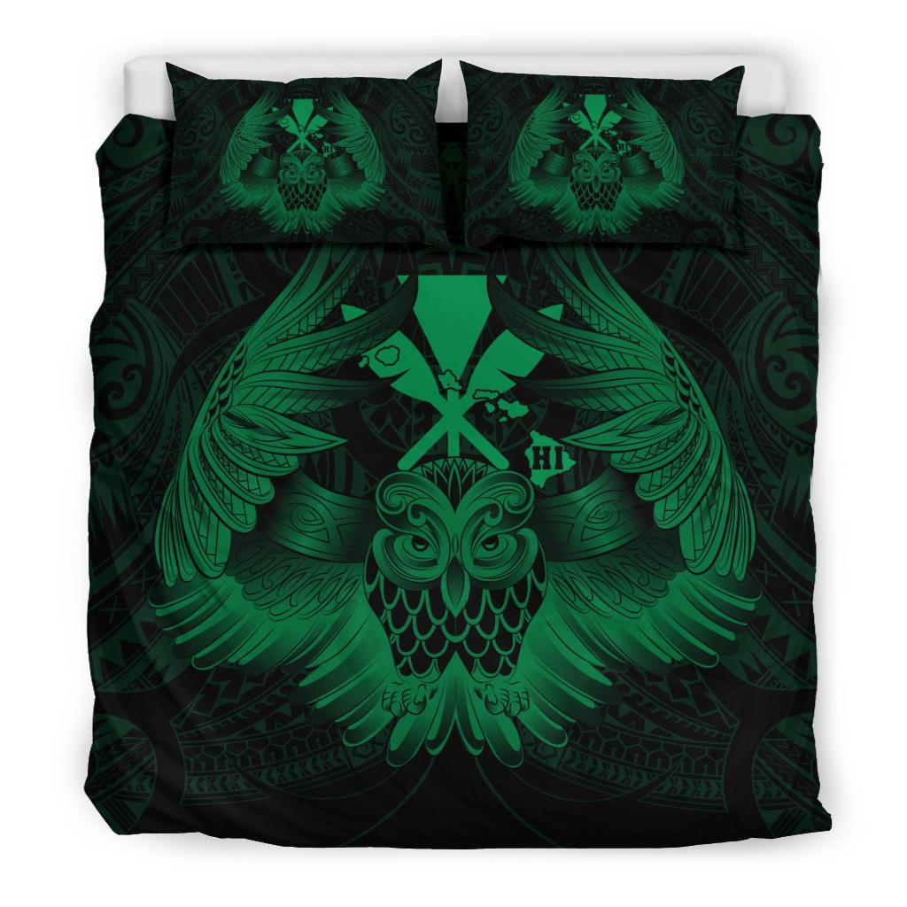 Hawaiian Map Owl Kanaka Bedding Set - Pueo Aumakua - Green - Polynesian Pride