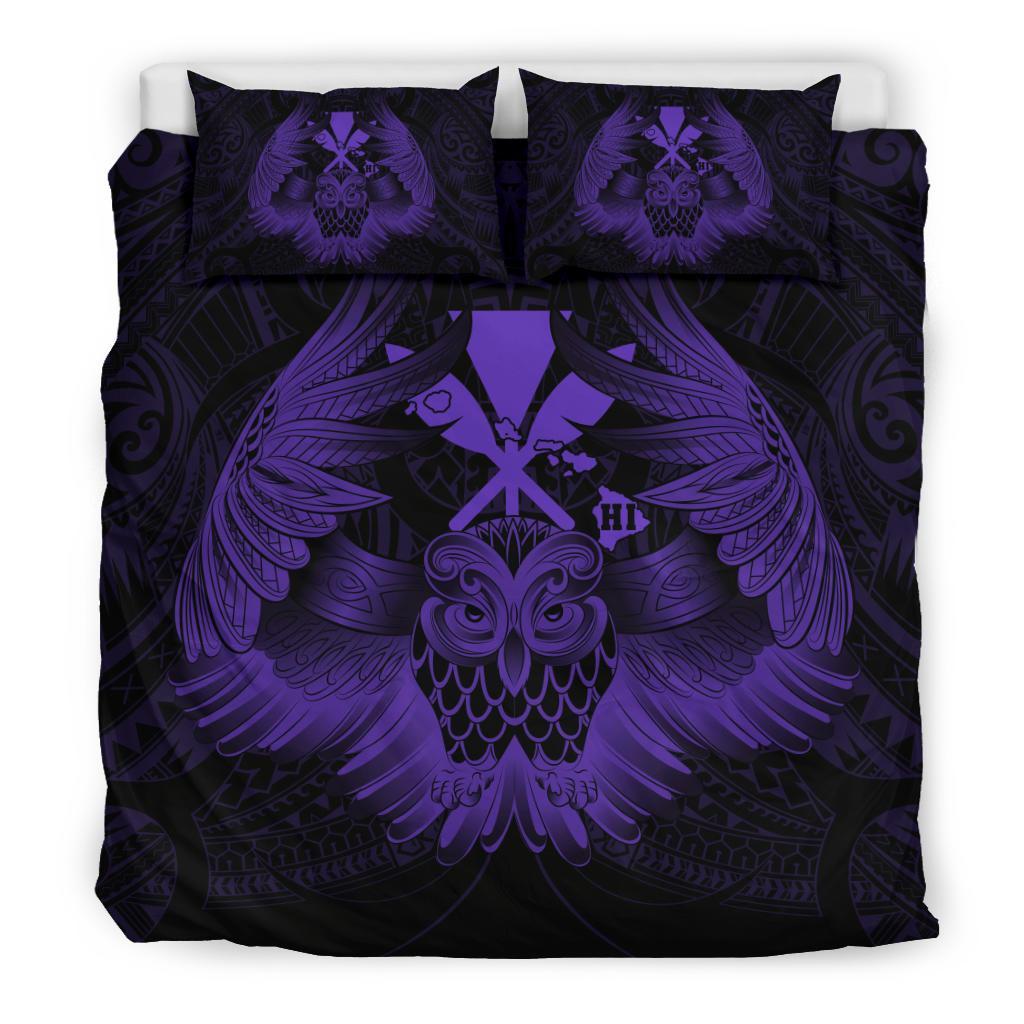 Hawaiian Map Owl Kanaka Bedding Set - Pueo Aumakua - Purple - Polynesian Pride