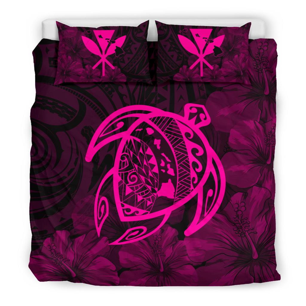 Hawaiian Map Turtle Kanaka Hibiscus Polynesian Bedding Set - Pink - Polynesian Pride