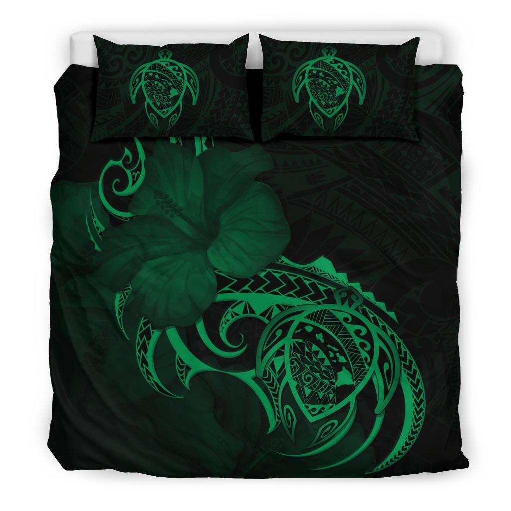 Hawaiian Map Turtle Hibiscus Divise Green Polynesian Bedding Set - Polynesian Pride