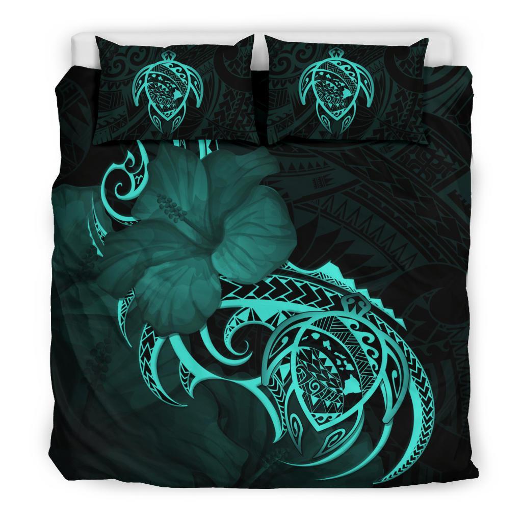 Hawaiian Map Turtle Hibiscus Divise Turquoise Polynesian Bedding Set - Polynesian Pride