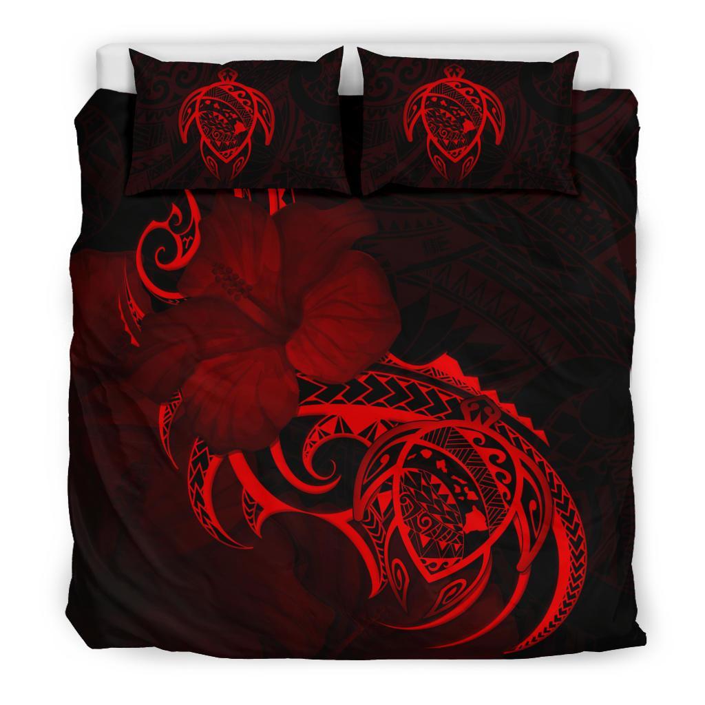 Hawaiian Map Turtle Hibiscus Divise Red Polynesian Bedding Set - Polynesian Pride
