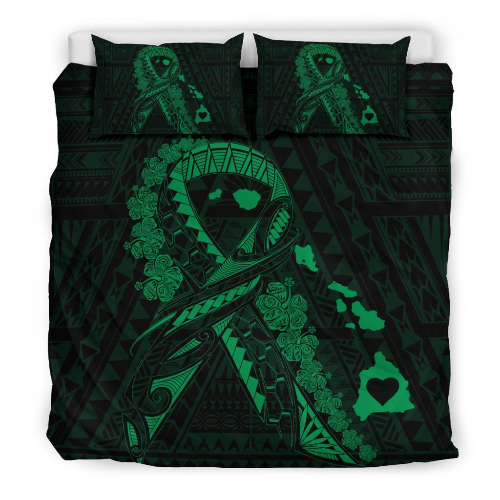 Hawaiian Map Heart Ribbon Cancer Hibiscus Polynesian Bedding Set - Green - Polynesian Pride