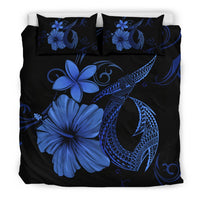 Hawaiian Fish Hook Hibiscus Plumeria Polynesian Bedding Set - Blue - Polynesian Pride