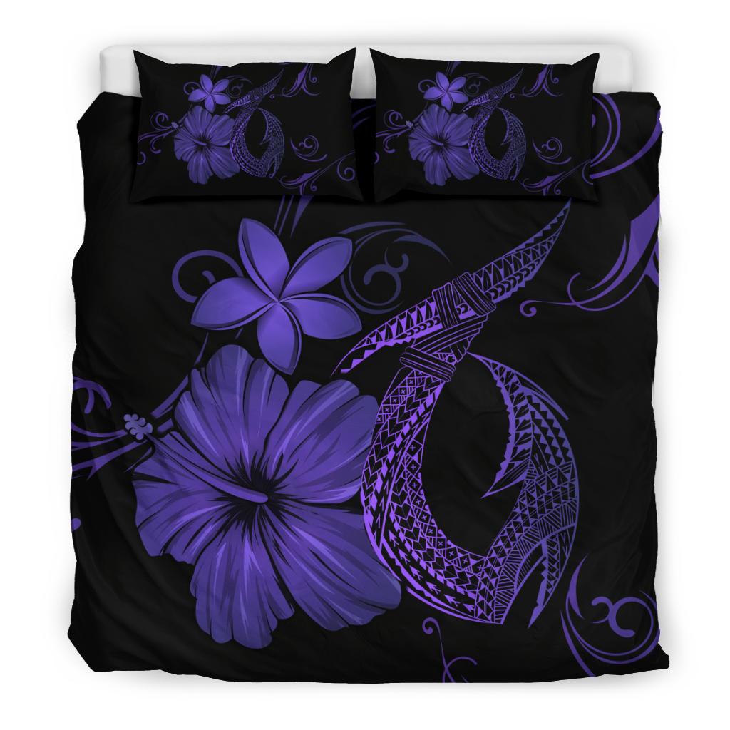 Hawaiian Fish Hook Hibiscus Plumeria Polynesian Bedding Set - Purple - Polynesian Pride