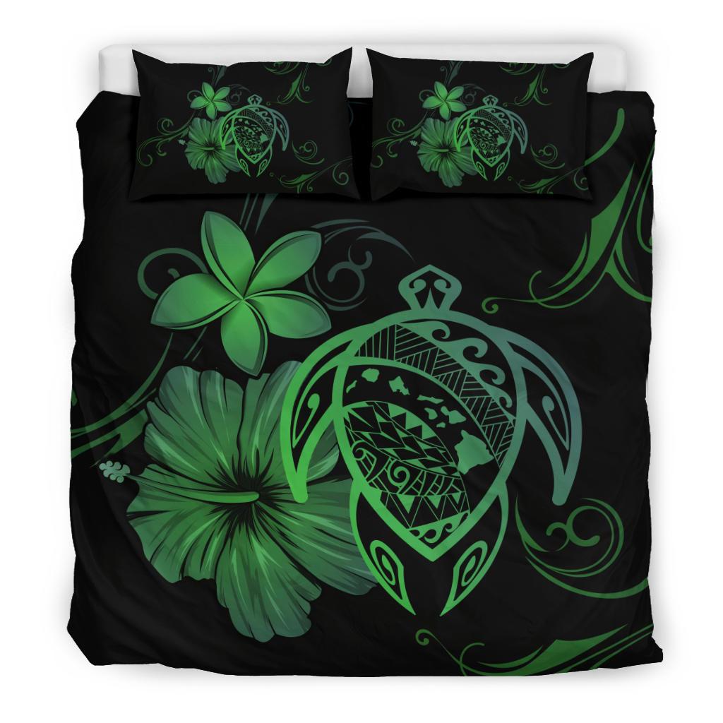 Hawaiian Map Turtle Hibiscus Plumeria Polynesian Bedding Set - Green - Polynesian Pride
