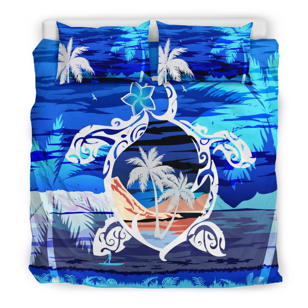 Hawaiian Turtle Plumeria Coconut Tree Polynesian Bedding Set Blue - Polynesian Pride