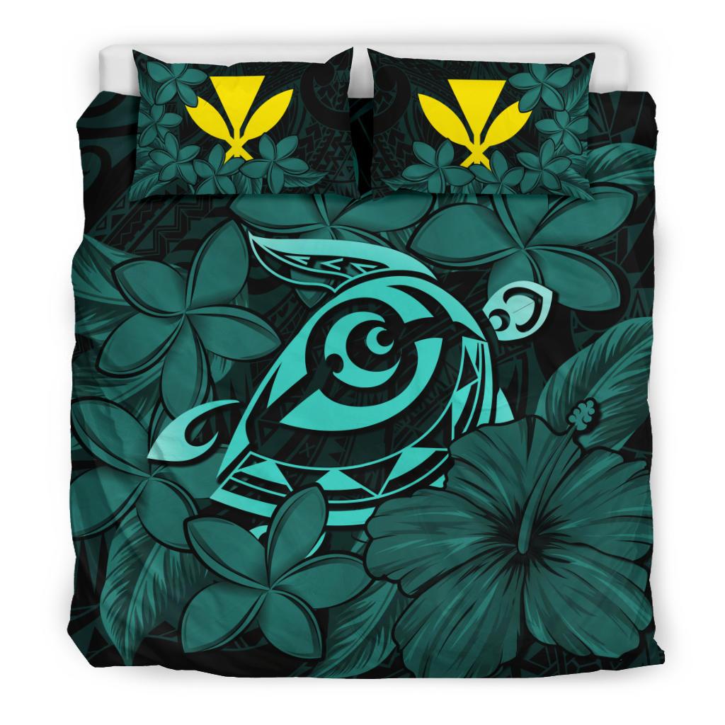 Hawaiian Turtle Hibiscus Plumeria Kanaka Polynesian Bedding Set Turquoise - Soft Style - Polynesian Pride