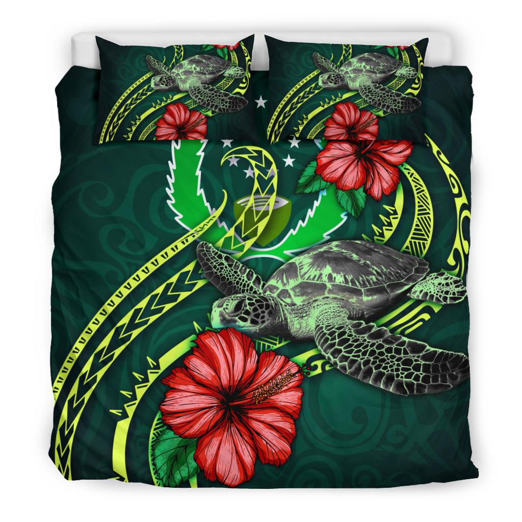 Polynesian Bedding Set - Pohnpei Micronesia Duvet Cover Set Green Turtle Hibiscus - Polynesian Pride