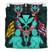 Hawaii Map Kanaka Two Men Holding Flag Bedding Set - AH - Turquoise - Polynesian Pride