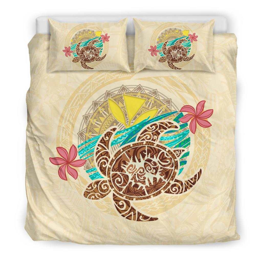 Kanaka Maoli (Hawaii) Bedding Set - Turtle Polynesian Flower Tattoo Beige - Polynesian Pride