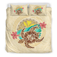 Kanaka Maoli (Hawaii) Bedding Set - Turtle Polynesian Flower Tattoo Beige - Polynesian Pride