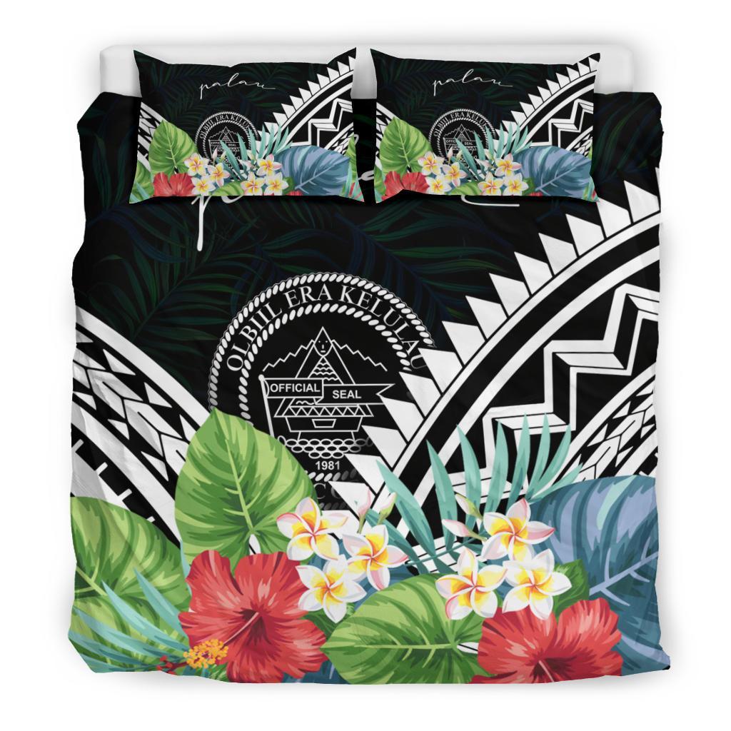 Palau Bedding Set - Palau Coat of Arms & Polynesian Tropical Flowers White - Polynesian Pride