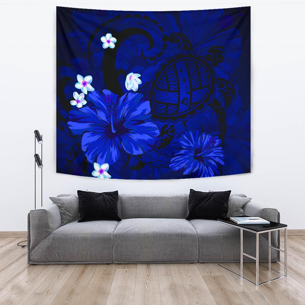 Hawaii Turtle Poly Tribal Blue Tapestry Wall Tapestry Large 104" x 88" Blue - Polynesian Pride