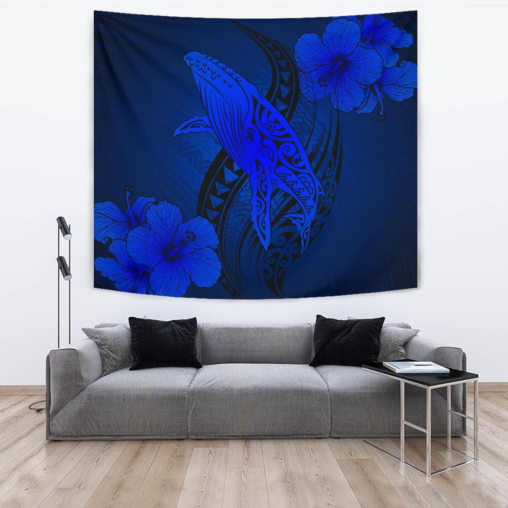 Hawaii Whale Swim Poly Blue Tapestry Wall Tapestry Large 104" x 88" Blue - Polynesian Pride