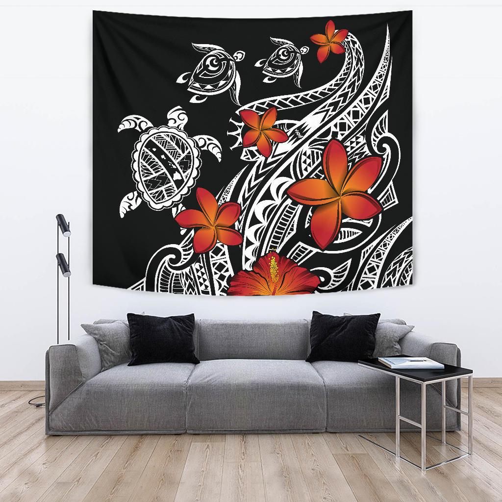 Hawaiian Map Turtle Swim Plumeria Polynesian Tapestry Wall Tapestry Large 104" x 88" Black - Polynesian Pride