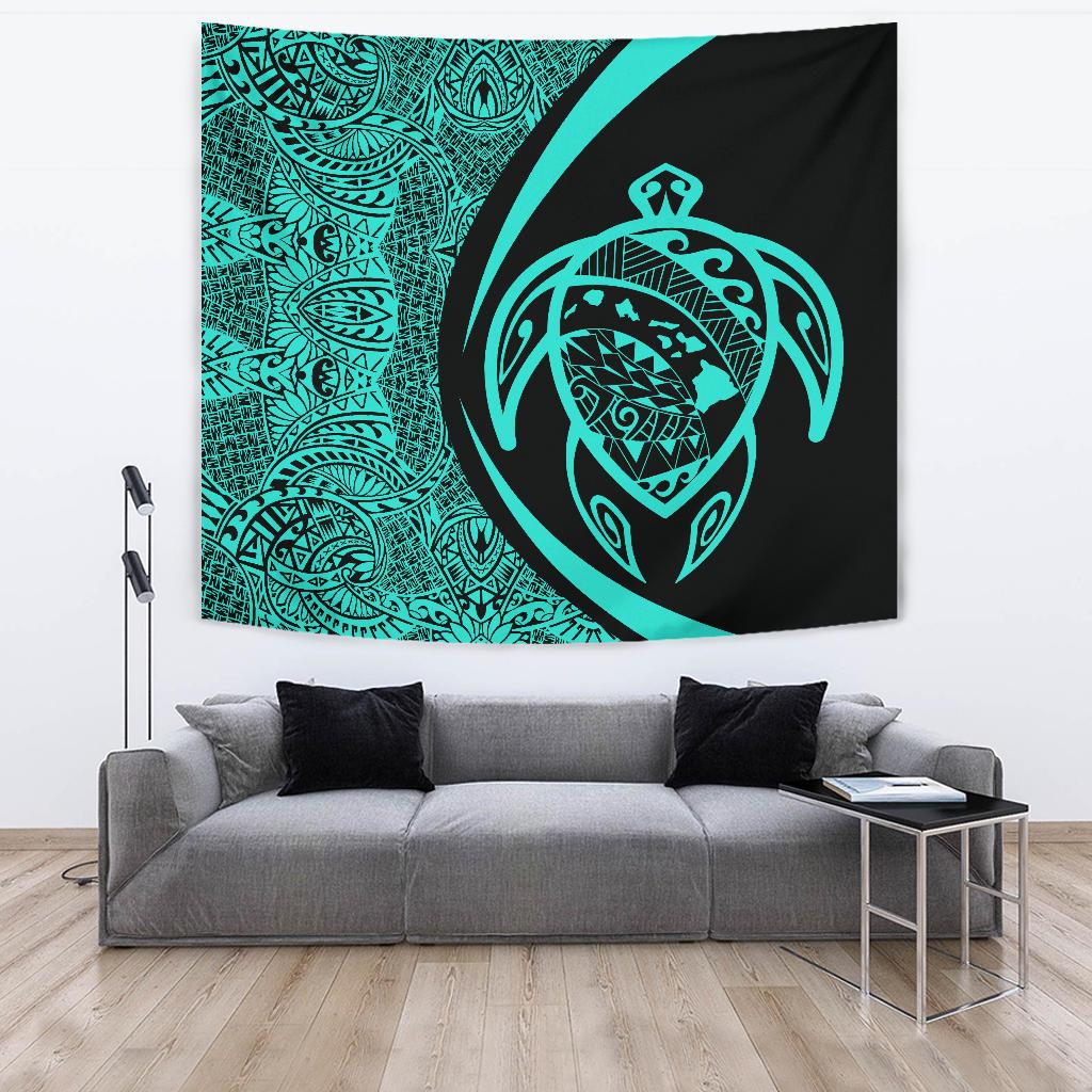 Hawaii Turtle Map Polynesian Tapestry - Turquoise - Circle Style Wall Tapestry Large 104" x 88" Blue - Polynesian Pride