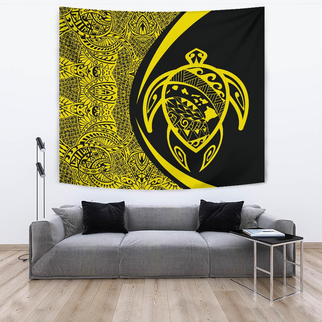 Hawaii Turtle Map Polynesian Tapestry - Yellow - Circle Style Wall Tapestry 150cm*150cm Yellow - Polynesian Pride