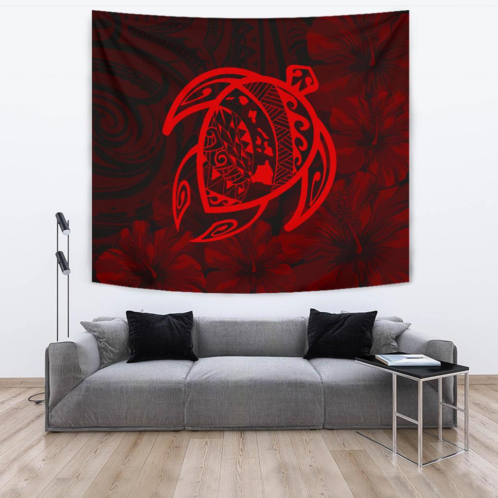 Hawaii Turtle Kanaka Map Hibiscus Poly Tapestry - Red Wall Tapestry Red - Polynesian Pride