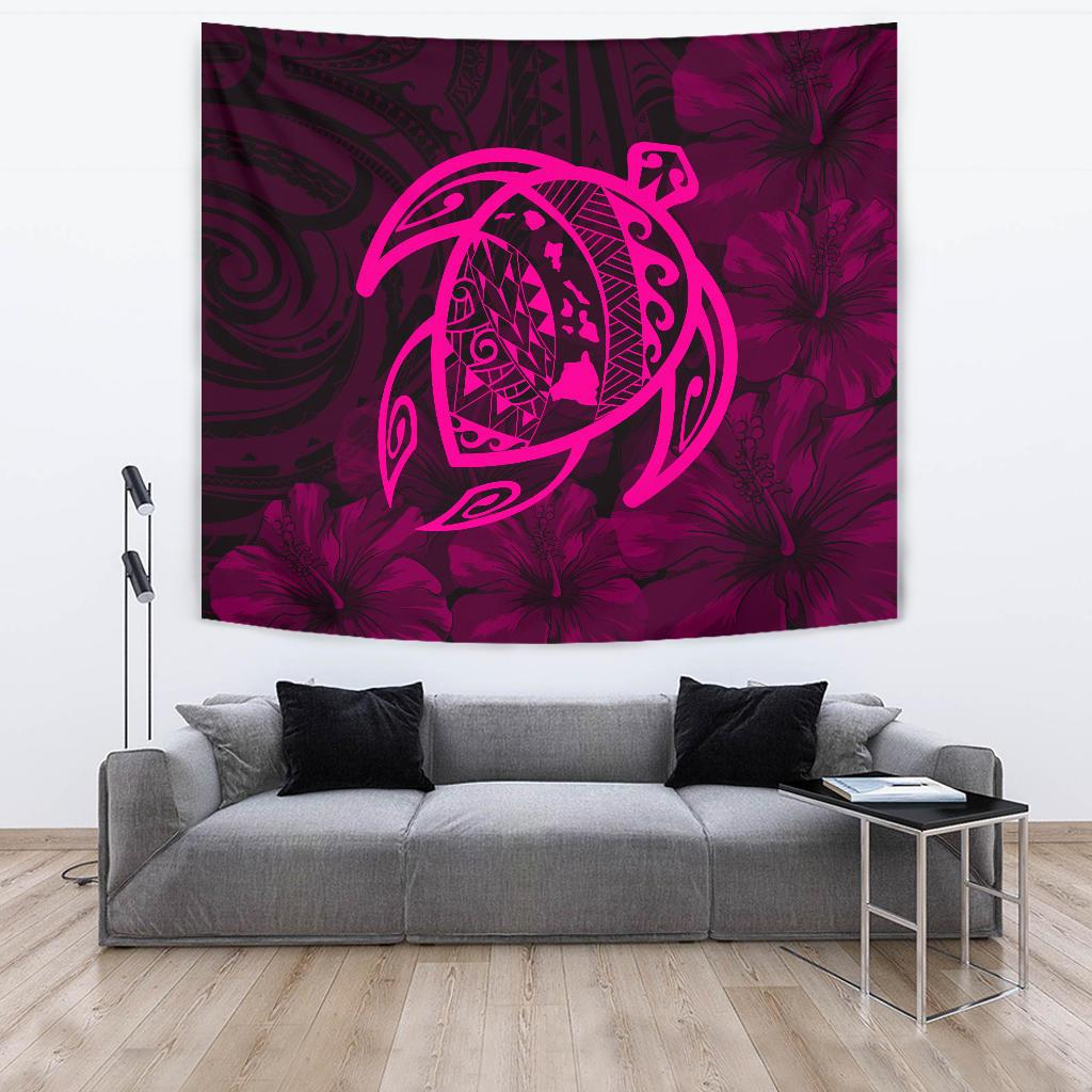 Hawaii Turtle Kanaka Map Hibiscus Poly Tapestry - Pink Wall Tapestry 150cm*150cm Pink - Polynesian Pride