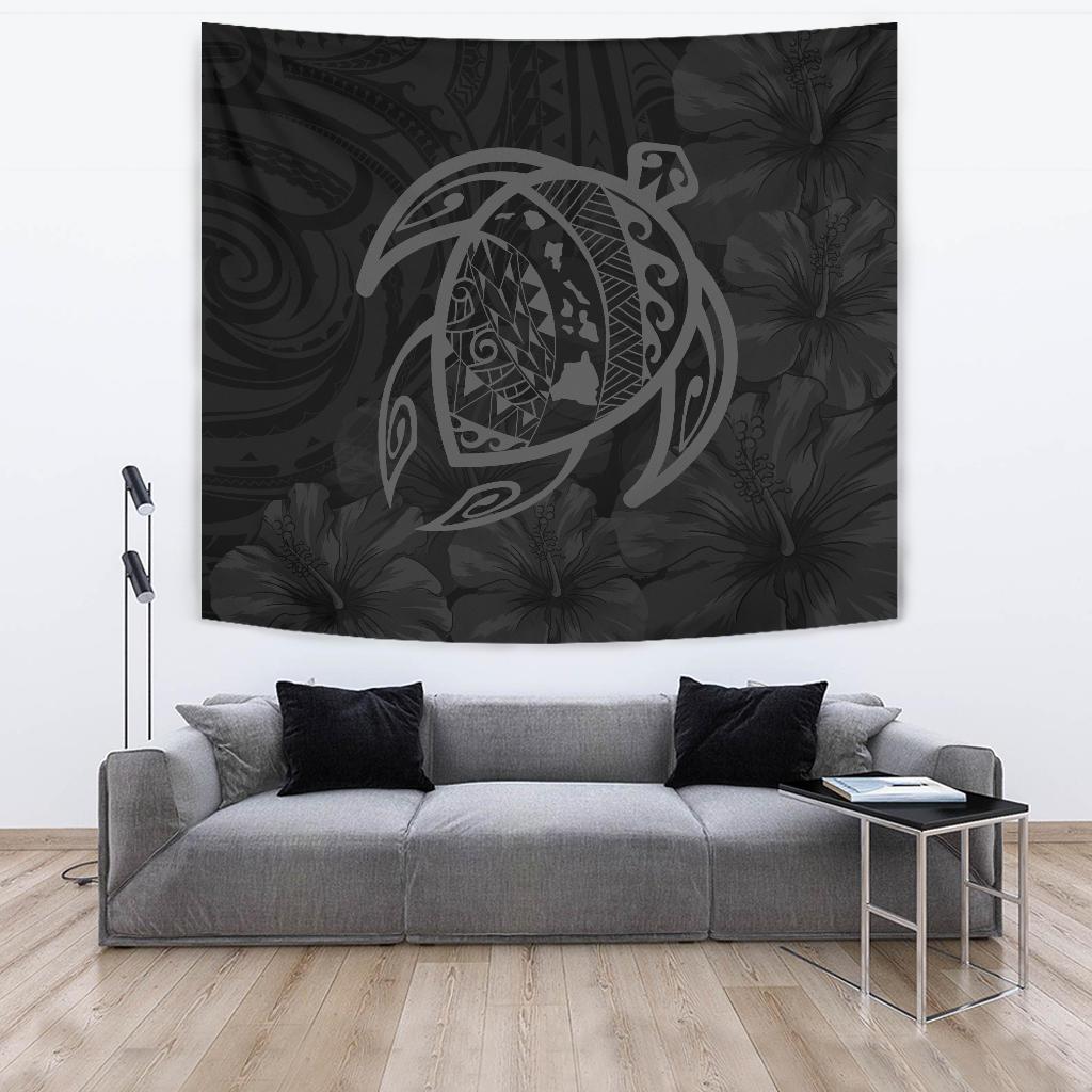 Hawaii Turtle Kanaka Map Hibiscus Poly Tapestry - Gray Wall Tapestry 150cm*150cm Gray - Polynesian Pride