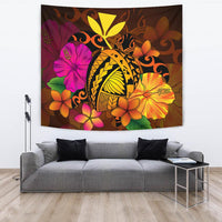 Hawaii Turtle Tribal Map Hibiscus Plumeria Tapestry Wall Tapestry Large 104" x 88" Orange - Polynesian Pride