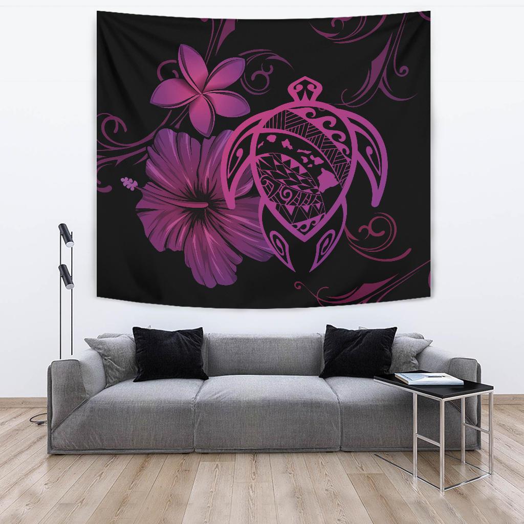 Hawaii Turtle Map Hibiscus Plumeria Poly Tapestry - Pink Wall Tapestry Large 104" x 88" Pink - Polynesian Pride