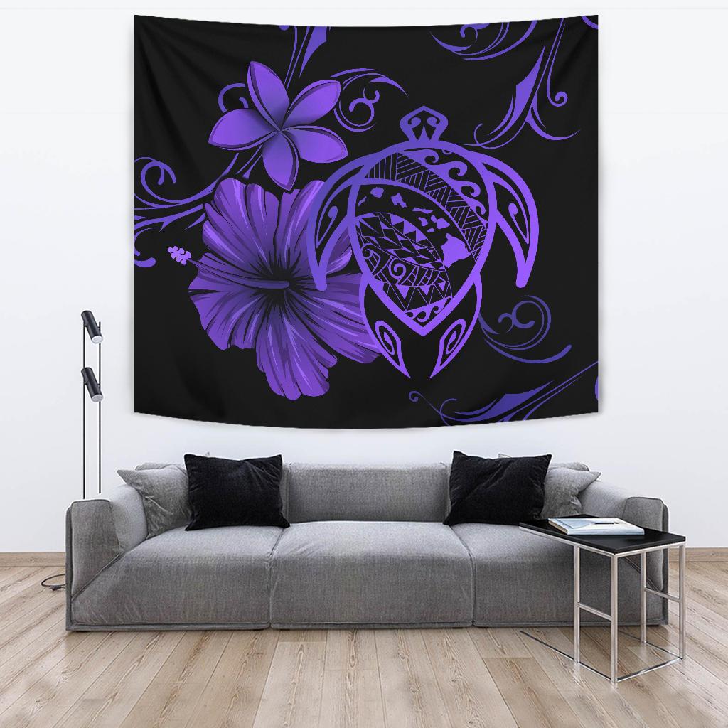 Hawaii Turtle Map Hibiscus Plumeria Poly Tapestry - Purple Wall Tapestry Purple - Polynesian Pride