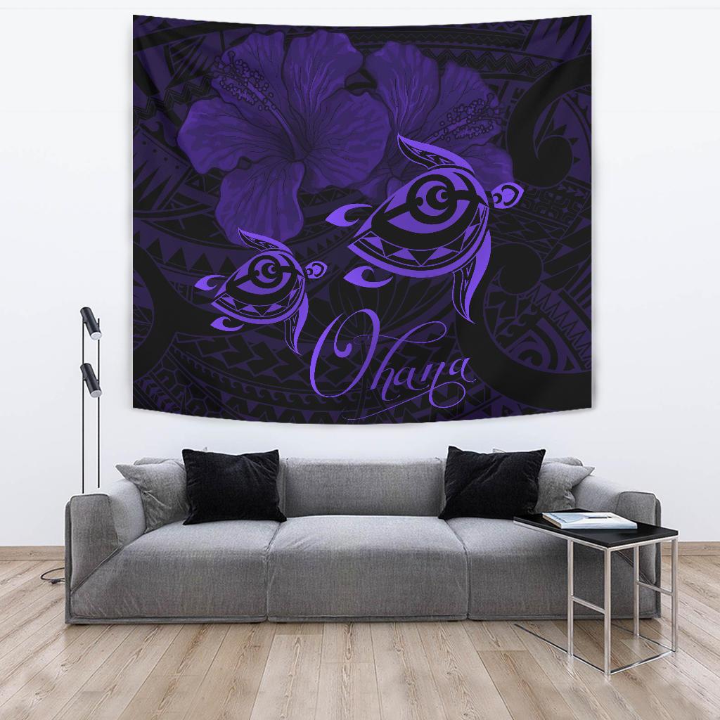 Hawaii Turtle Ohana Hibiscus Poly Tapestry - Purple Wall Tapestry Large 104" x 88" Purple - Polynesian Pride