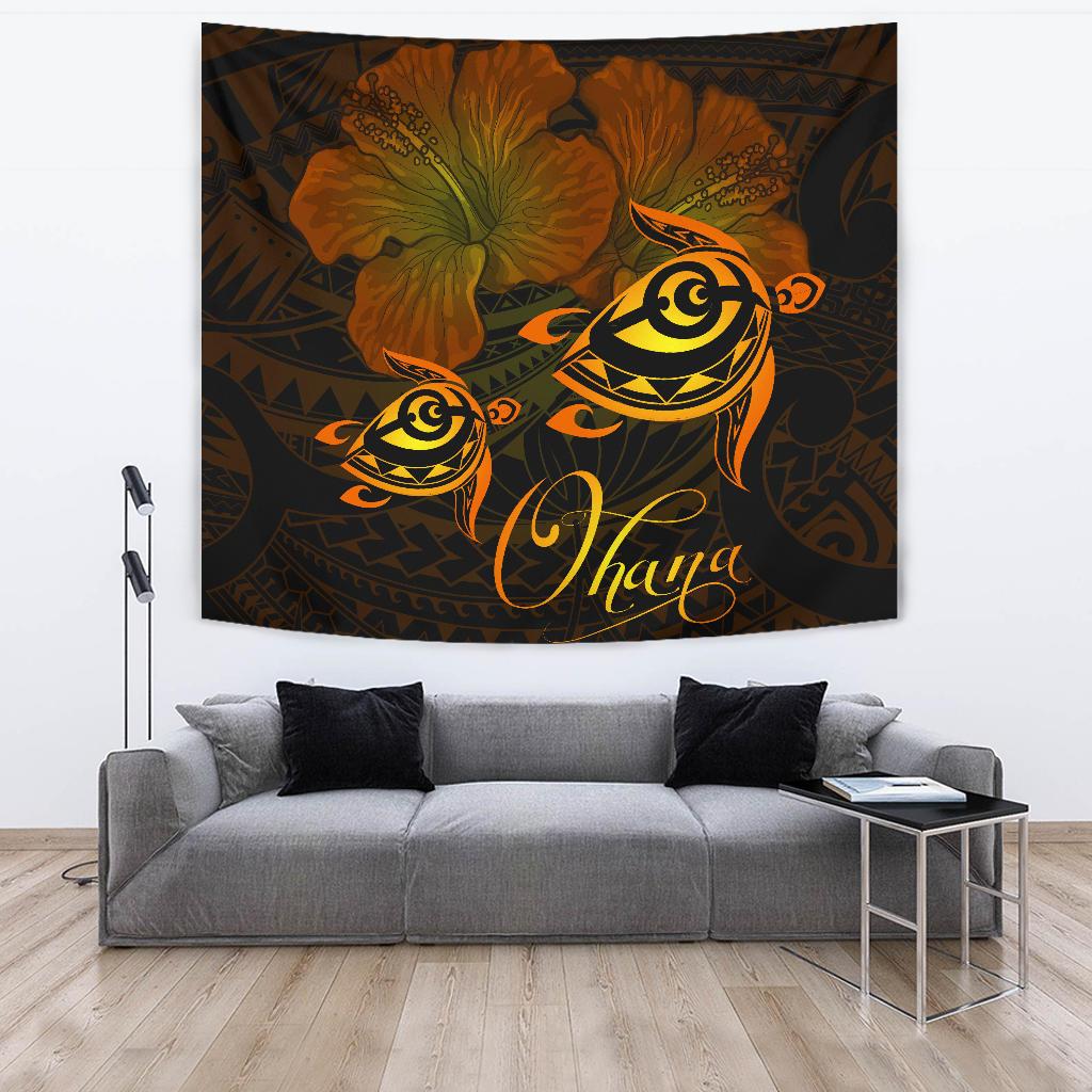 Hawaii Turtle Ohana Hibiscus Poly Tapestry - Yellow Wall Tapestry Yellow - Polynesian Pride