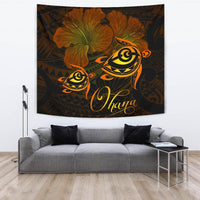 Hawaii Turtle Ohana Hibiscus Poly Tapestry - Yellow Wall Tapestry Yellow - Polynesian Pride