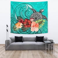 Turtle Polynesian Tapestry Hibiscus Polynesian Turquoise Wall Tapestry Large 104" x 88" Black - Polynesian Pride