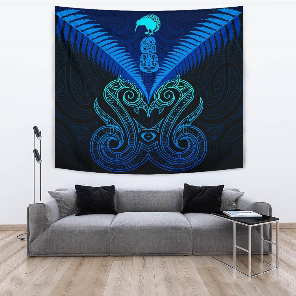 Maori Manaia New Zealand Tapestry Blue Wall Tapestry - Manaia Large 104" x 88" Blue - Polynesian Pride