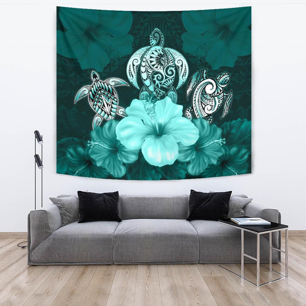 Polynesian Tapestry Turtle And Hibiscus Turquoise Wall Tapestry Large 104" x 88" Turquoise - Polynesian Pride
