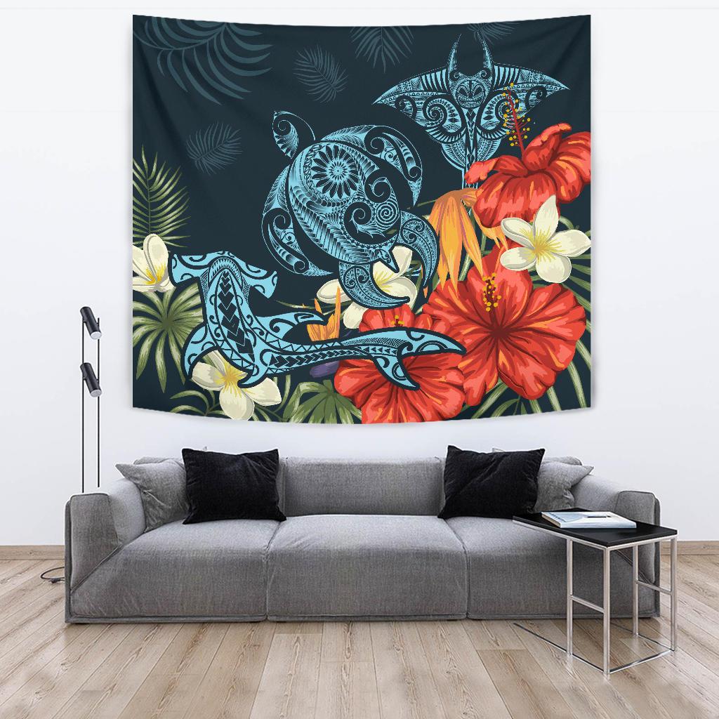 Hawaii Turtle Shark Manta Ray Hibiscus Plumeria Tapestry Wall Tapestry Large 104" x 88" Blue - Polynesian Pride