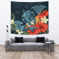 Hawaii Turtle Shark Manta Ray Hibiscus Plumeria Tapestry Wall Tapestry Large 104" x 88" Blue - Polynesian Pride