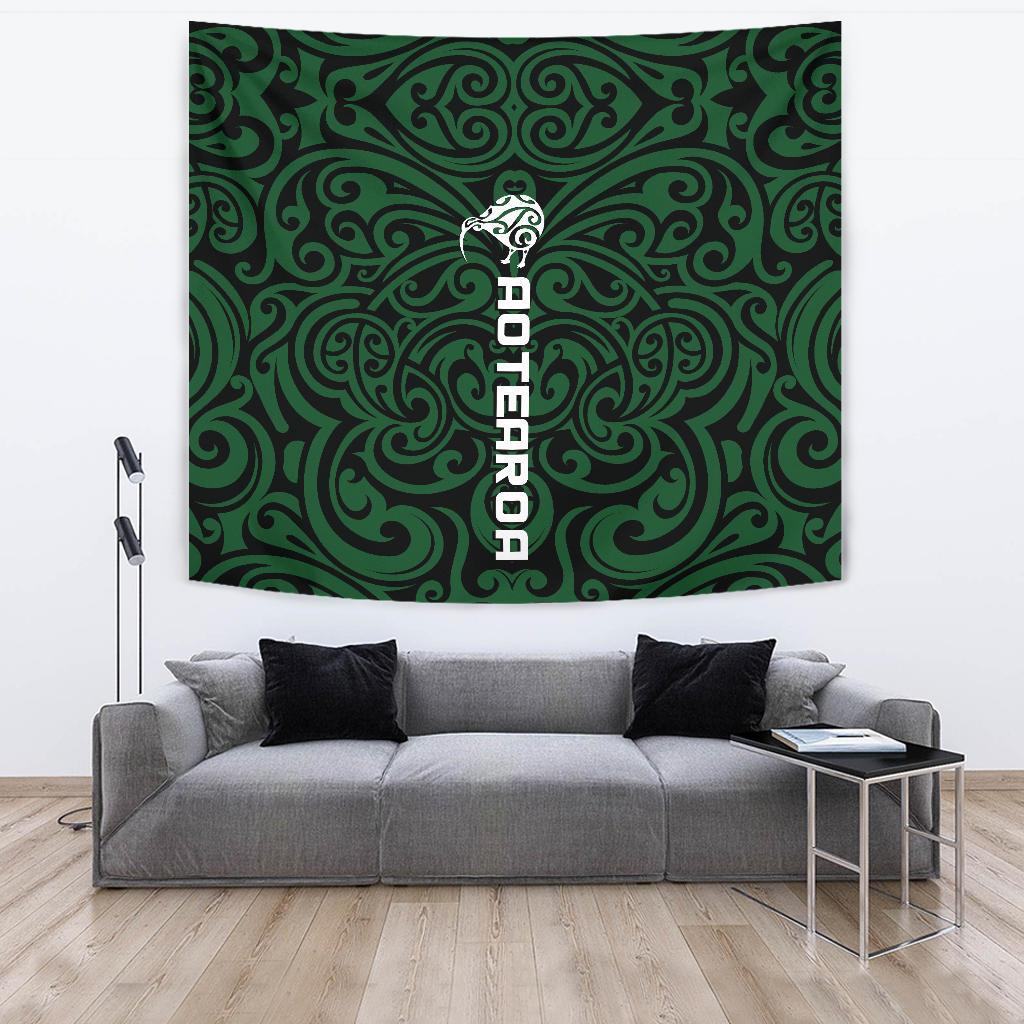 New Zealand Kiwi Tapestry, Maori Warrior Moko Wall Tapestry Large 104" x 88" Green - Polynesian Pride